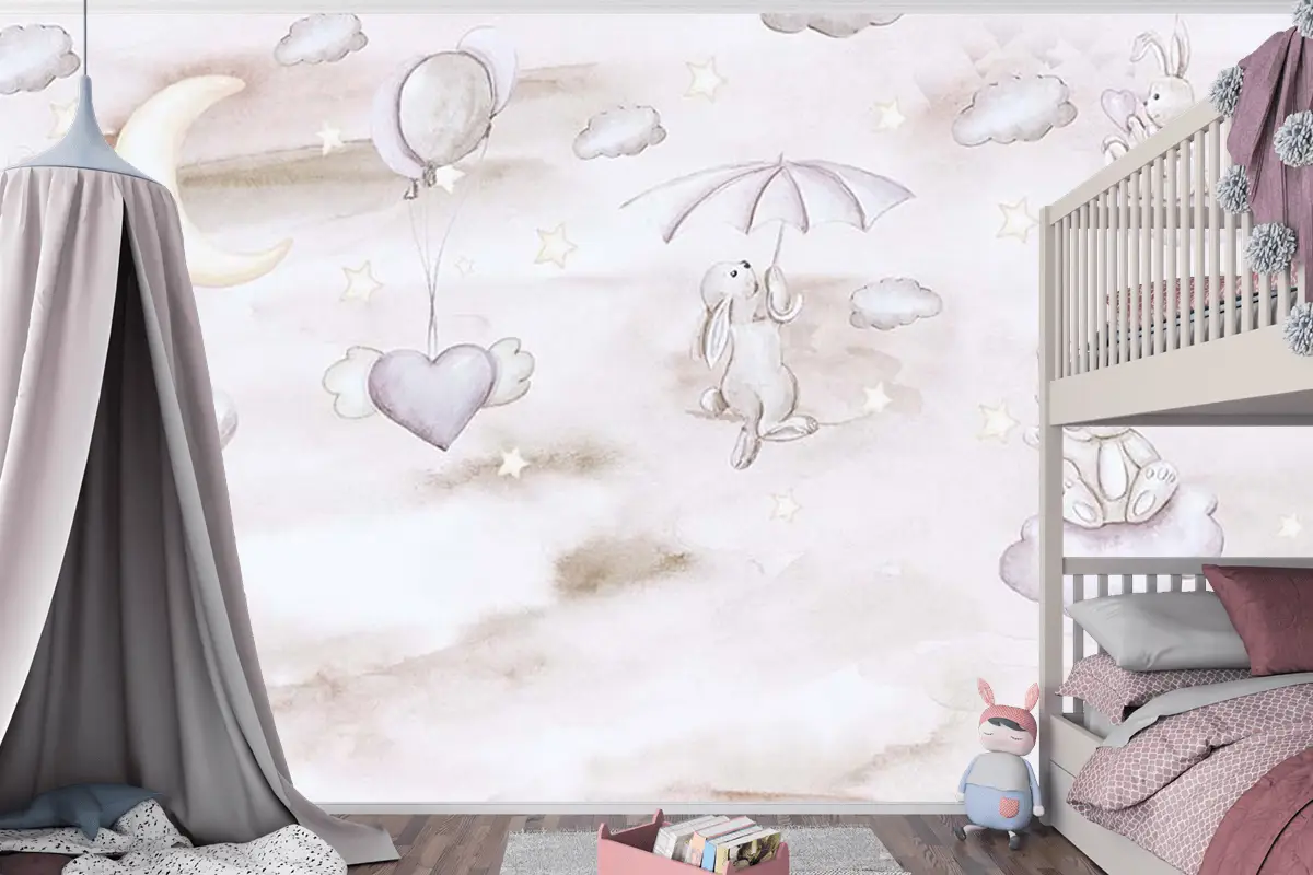 Sevimli Tavşanlar Bulutların Üzerinde Çocuk Odası Duvar Kağıdı