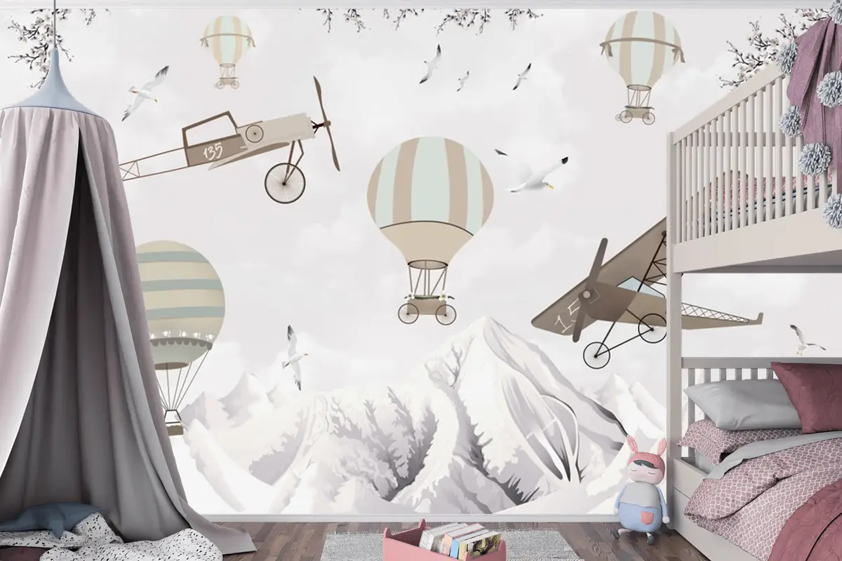 Sıcak Hava Balonları Çizimi Dağlar Manzara Uçaklar Çocuk Duvar Kağıdı