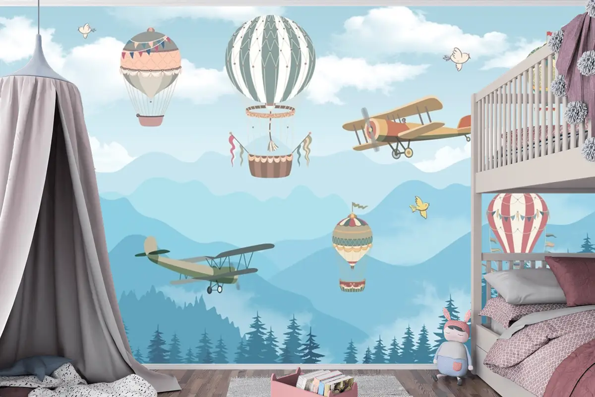 Sıcak Hava Balonları Ve Dağlar Çocuk Odası Duvar Kağıdı
