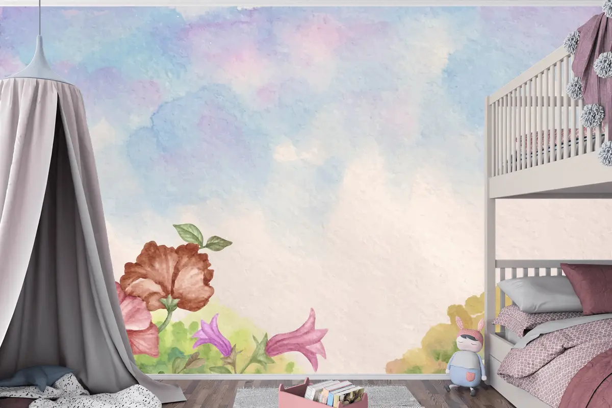 Gökyüzü Görünümü Suluboya Manzara Arka Plan Çiçekli Çocuk Odası Duvar Kağıdı