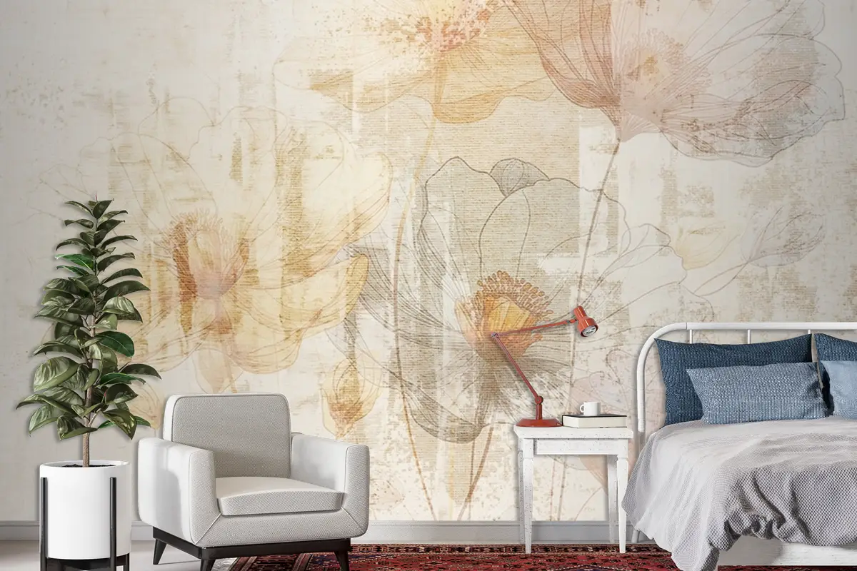 Solgun Renkli Çiçek Desenleri Vintage Duvar Kağıdı