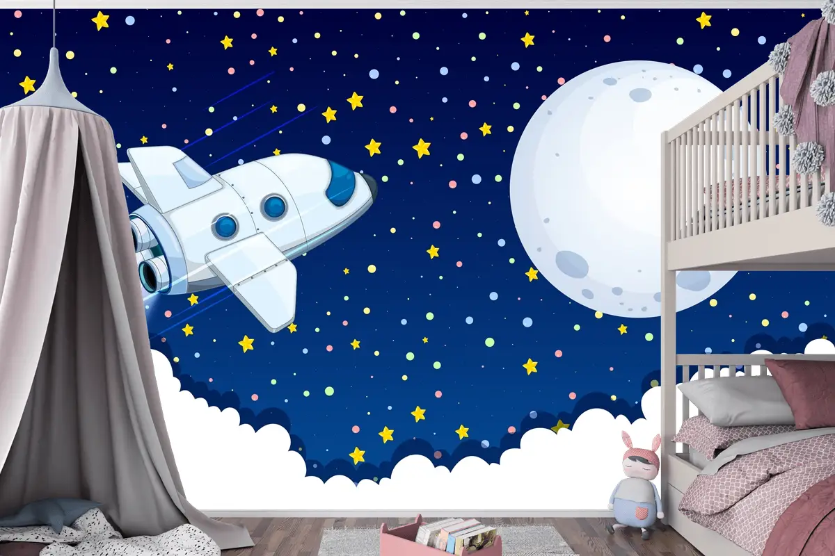 Aya Uçan Uzay Gemisi Çocuk Odası Duvar Kağıdı