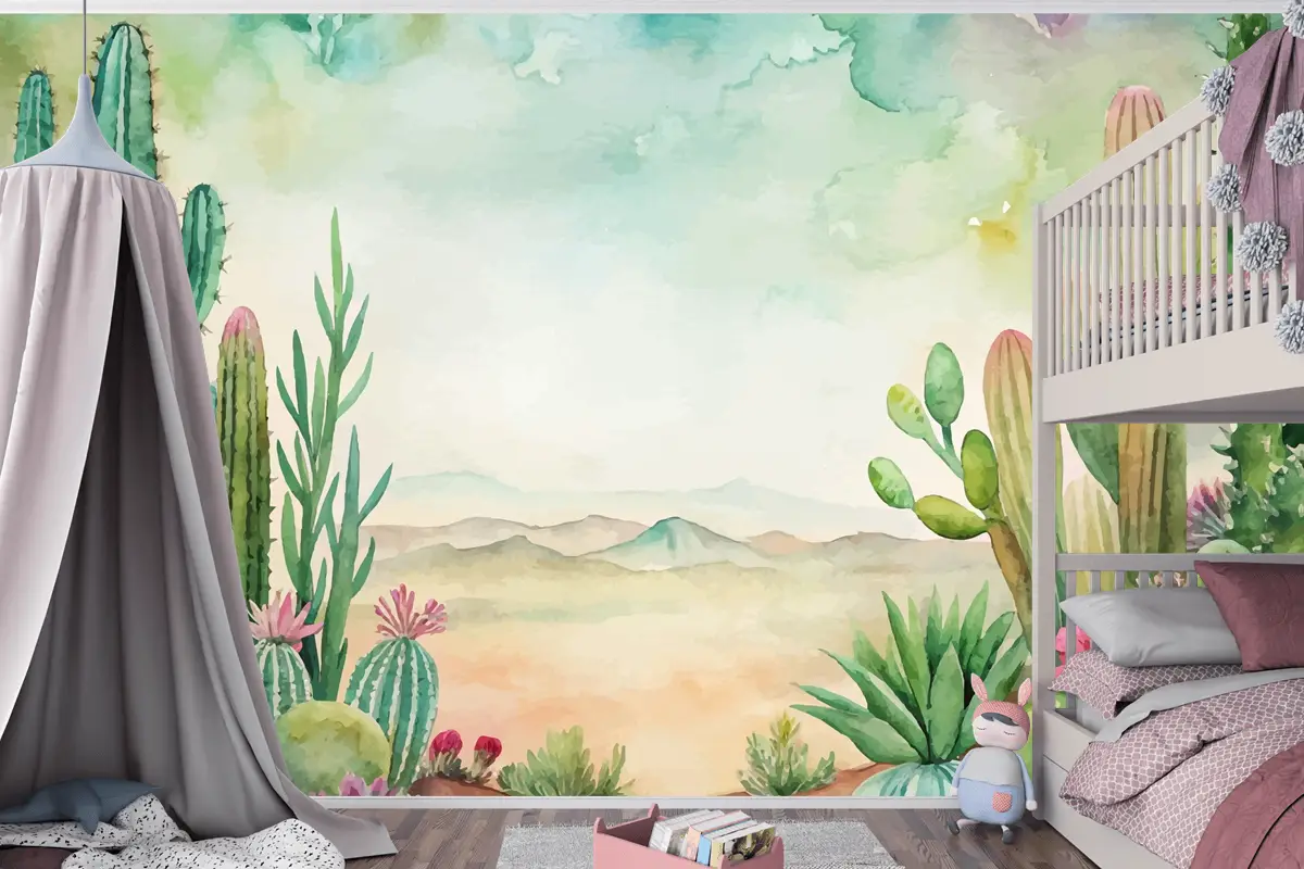 Etli Ve Kaktüs Suluboya Arka Plan Çocuk Odası Duvar Kağıdı