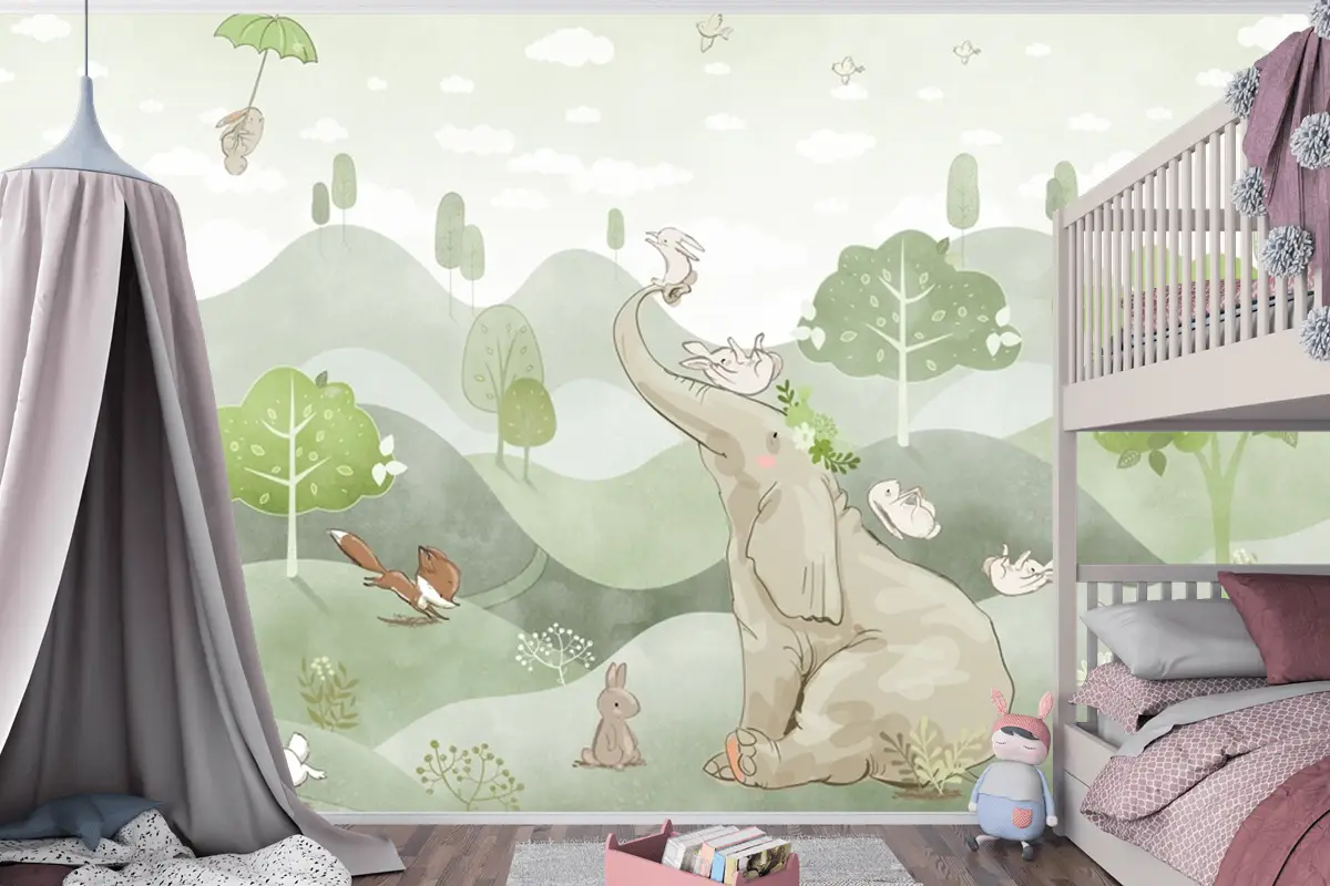 Suluboya Fil Tilki Geyik Bebek Odası Duvar Kağıdı