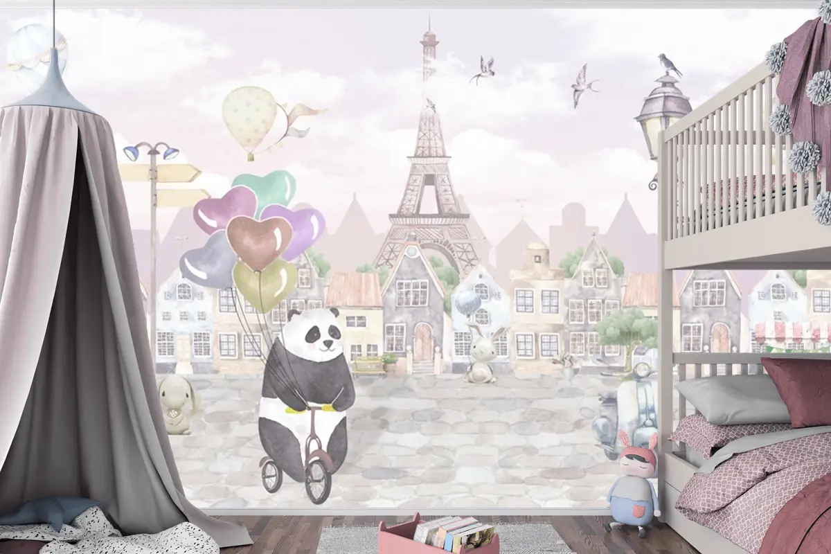 Suluboya Paris Sokağı Eski Şehir Bisikletli Panda Çocuk Bebek Odası Duvar Kağıdı