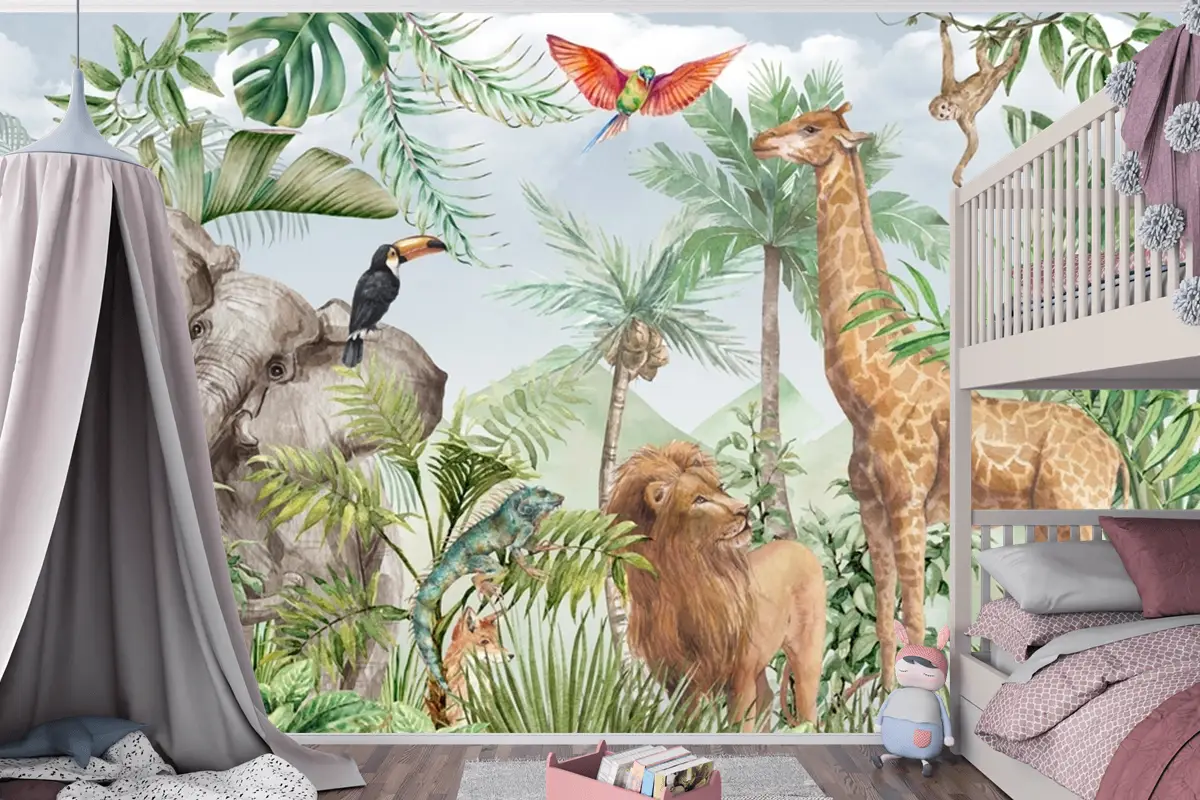 Suluboya Yaban Hayatı Afrika Hayvanları Çocuk Odası Duvar Kağıdı