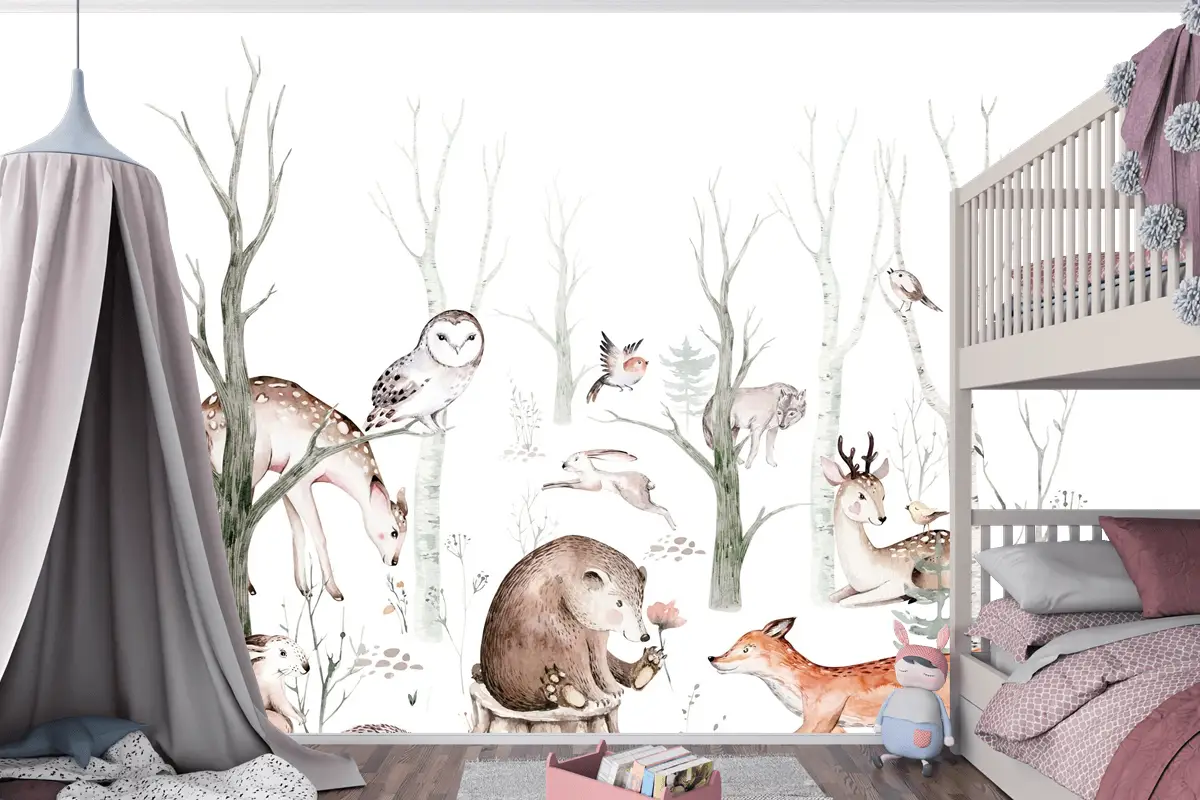 Tilki Geyik Ayı ve Orman Hayvanları Çocuk Odası Duvar Kağıdı