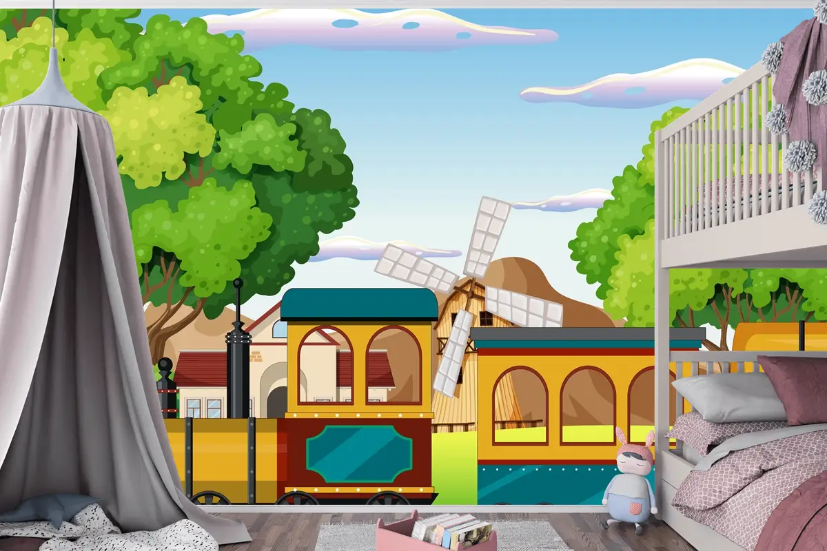 Doğal Sahneli Tren Çocuk Odası Duvar Kağıdı