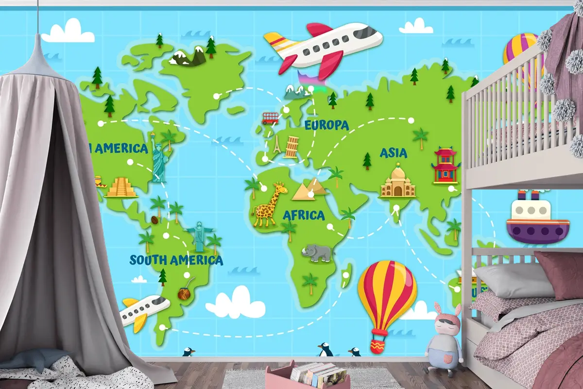 Dünyayı Seyahat Dünya Haritası Çocuk Odası Duvar Kağıdı 