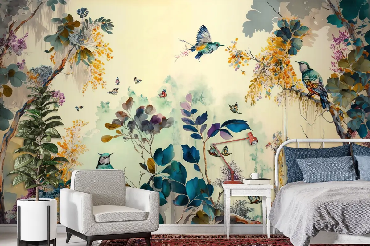 Tropikal Kuşlar Sarı Temalı Duvar Kağıdı