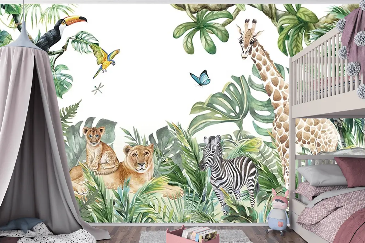 Tropikal Safari Hayvanlari Çocuk Odası Duvar Kağıdı