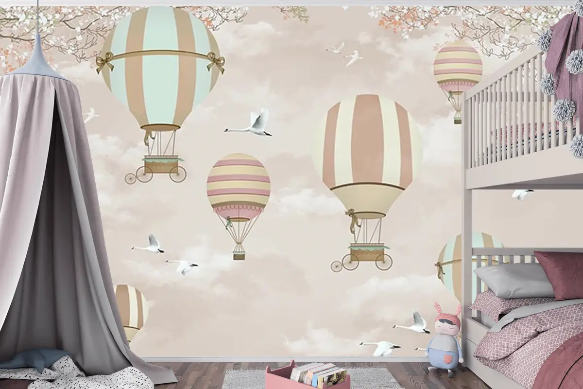 Uçan Balonlar  Çiçekler Ve Kuşlar Çocuk Odası Duvar Kağıdı