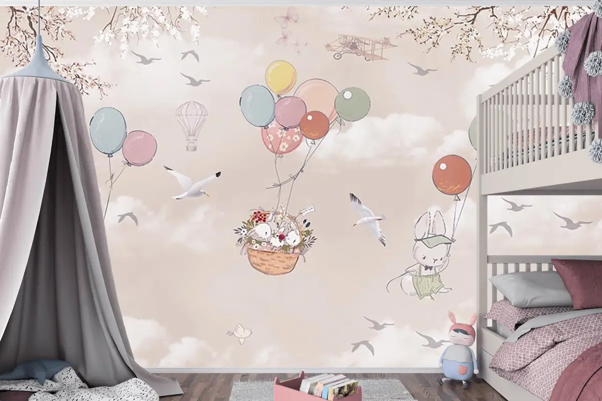 Uçan Balonlar Ve Sevimli Tavşanlar Çocuk Odası Duvar Kağıdı