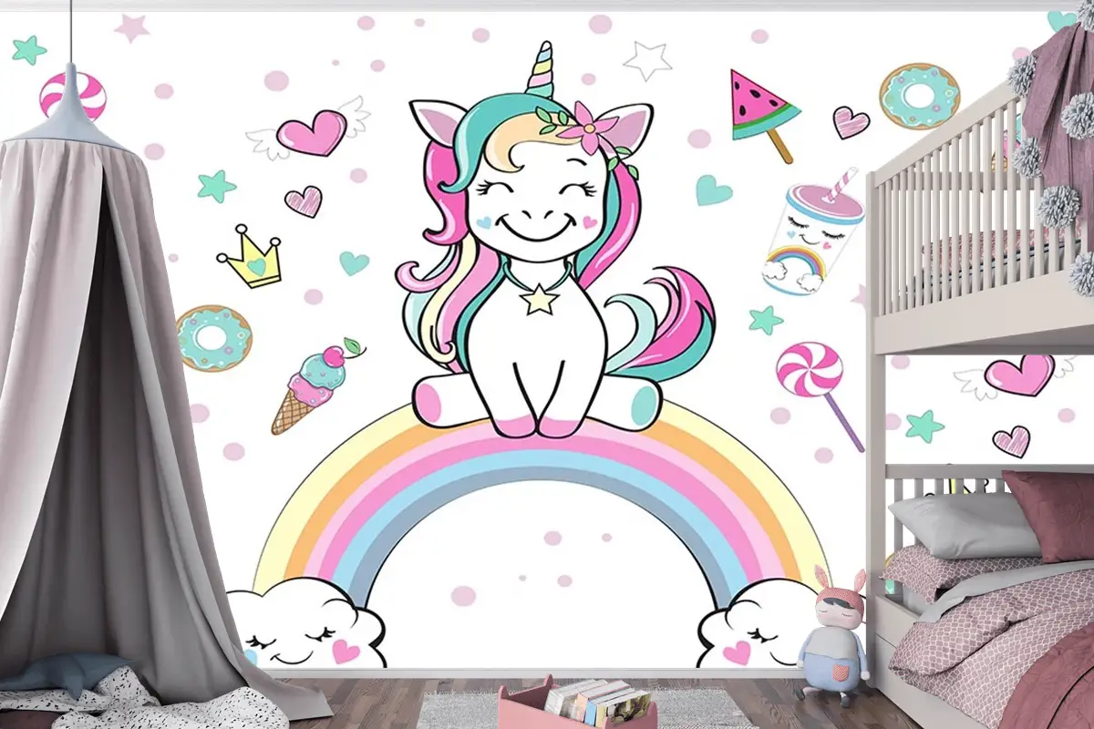 Unicorn Gökkuşağı Çocuk Odası Duvar Kağıdı