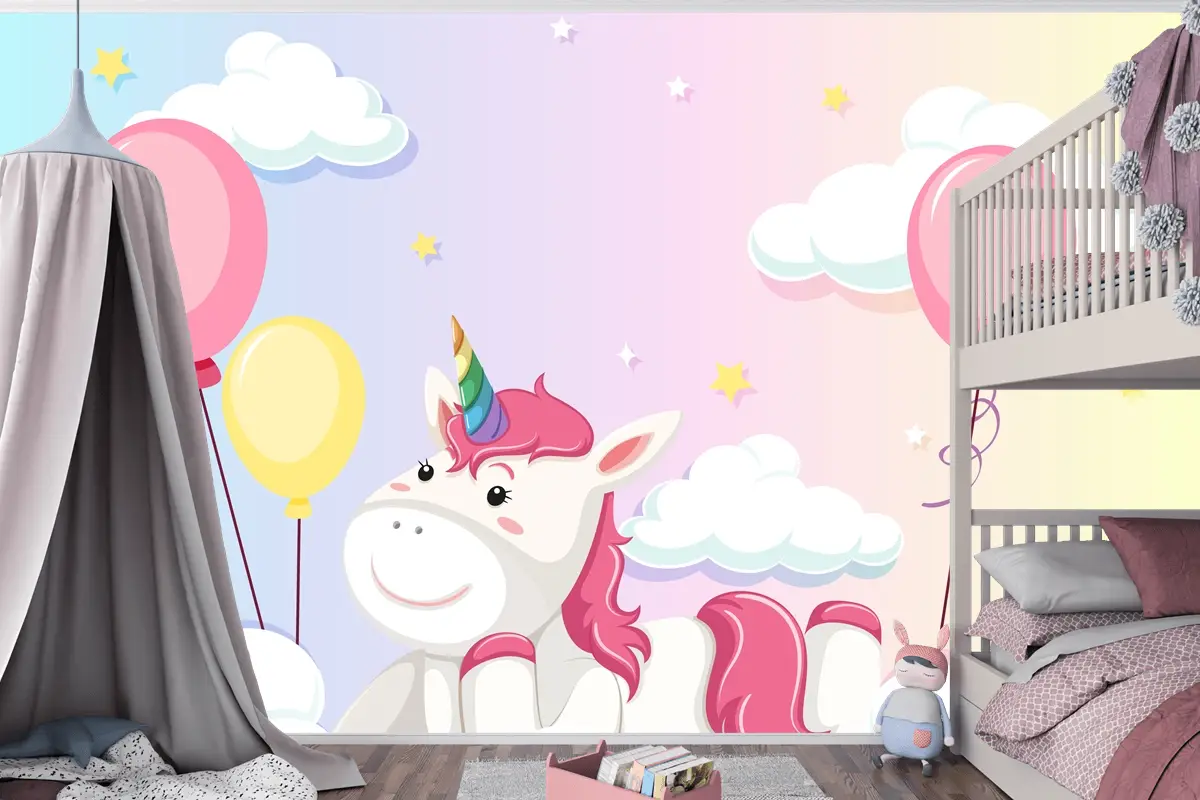 Tek Boynuzlu At Renkli Pastel Gökyüzü Arka Planında Bulutun Üzerinde Yatıyordu Çocuk Odası Duvar Kağıdı