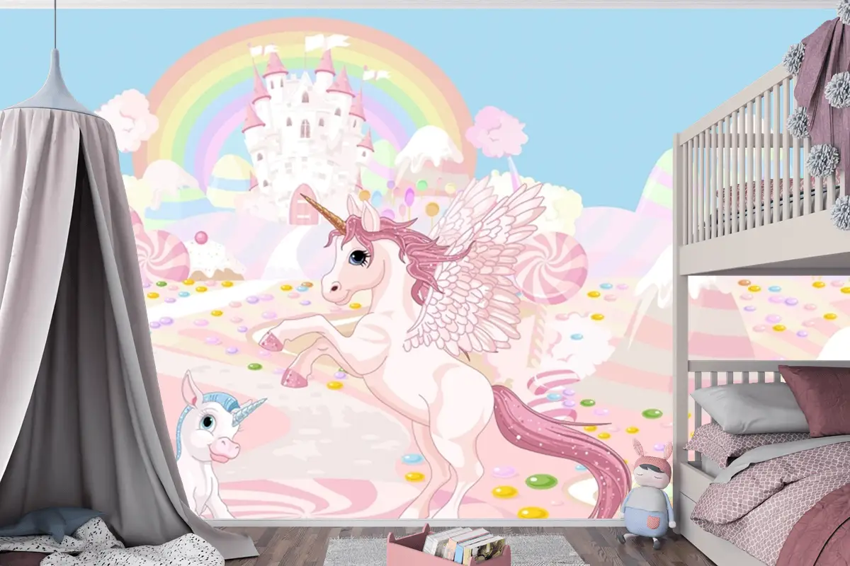 Unicorn Ve Gökkuşağı Duvar Sanatı Çocuk Odası Duvar Kağıdı