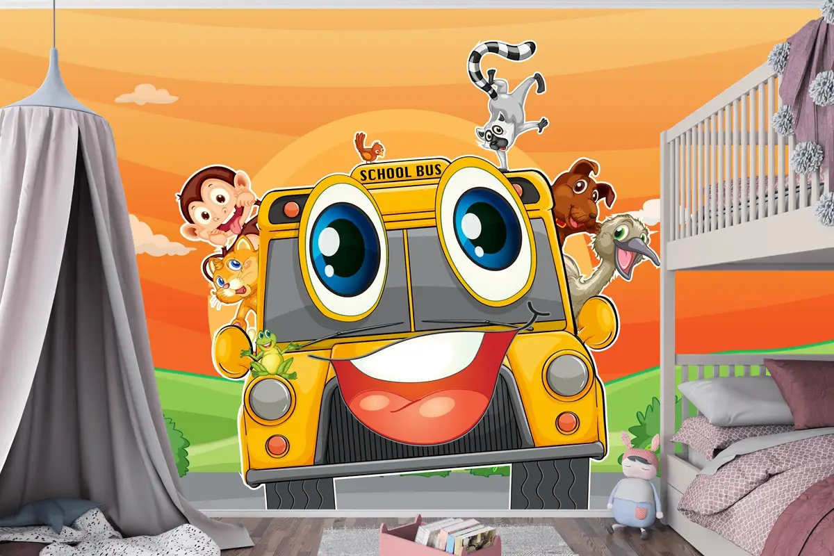 Okul Otobüsünde Çeşitli Hayvanlar Çocuk Odası Duvar Kağıdı
