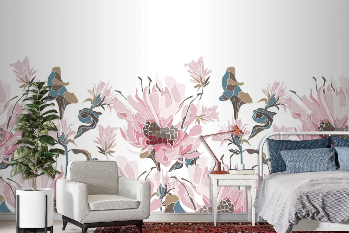 Pembe Çiçekler Otlar Duvar Kağıdı 