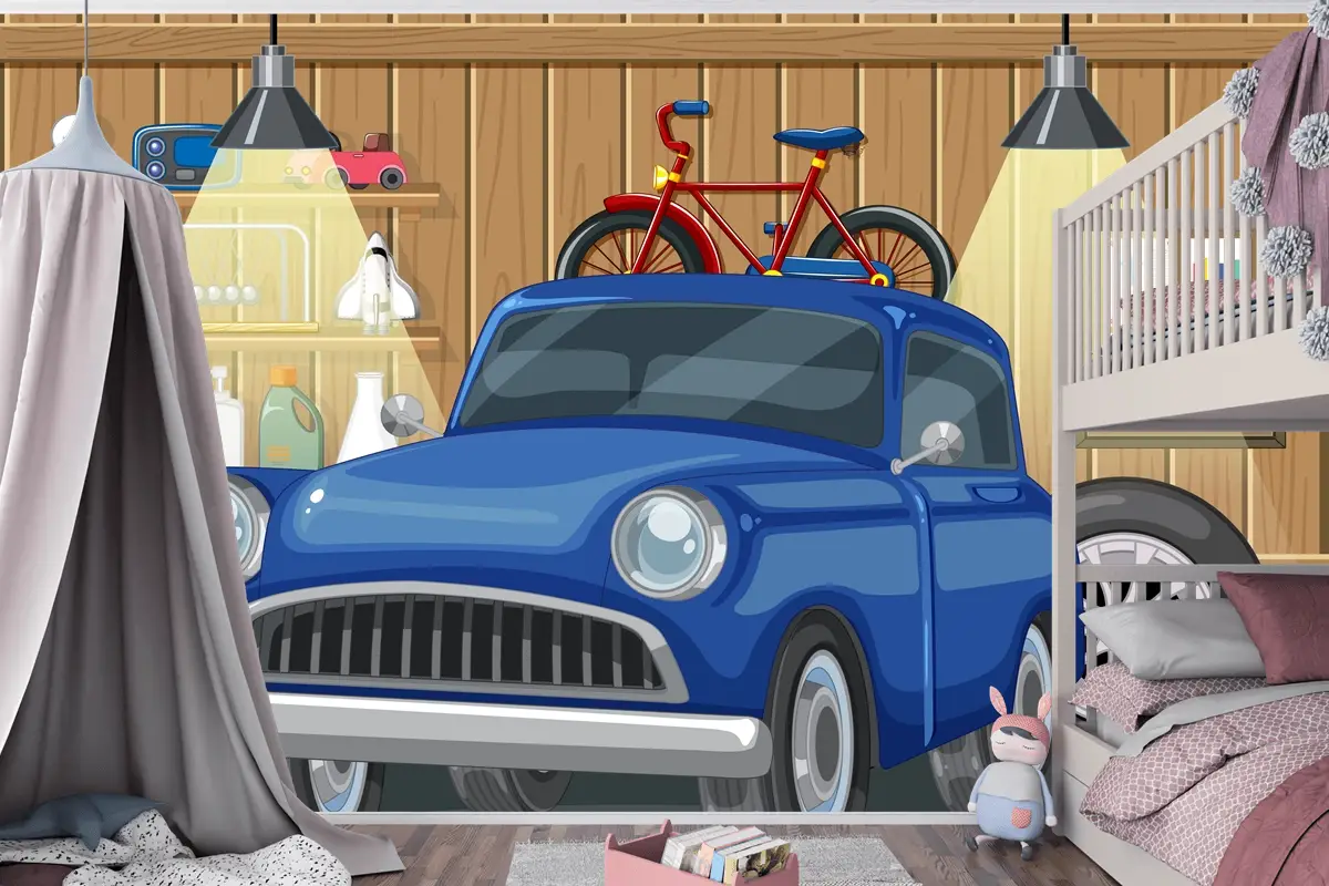 Ahşap Garajda Eski Model Araba Ve Bisiklet Çocuk Odası Duvar Kağıdı