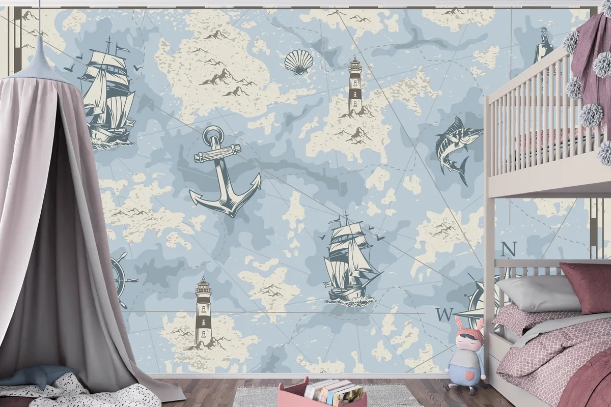 Vintage Denizcilik Eski Harita Çocuk Odası Duvar Kağıdı 