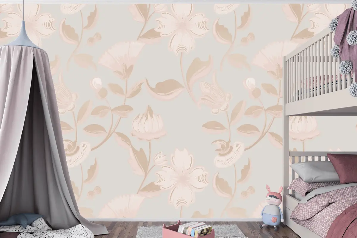 Vintage Nötr Çiçek Desenli Çocuk Odası Duvar Kağıdı 