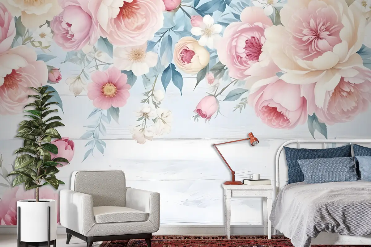Vintage Suluboya Pembe Çiçekler Duvar Kağıdı