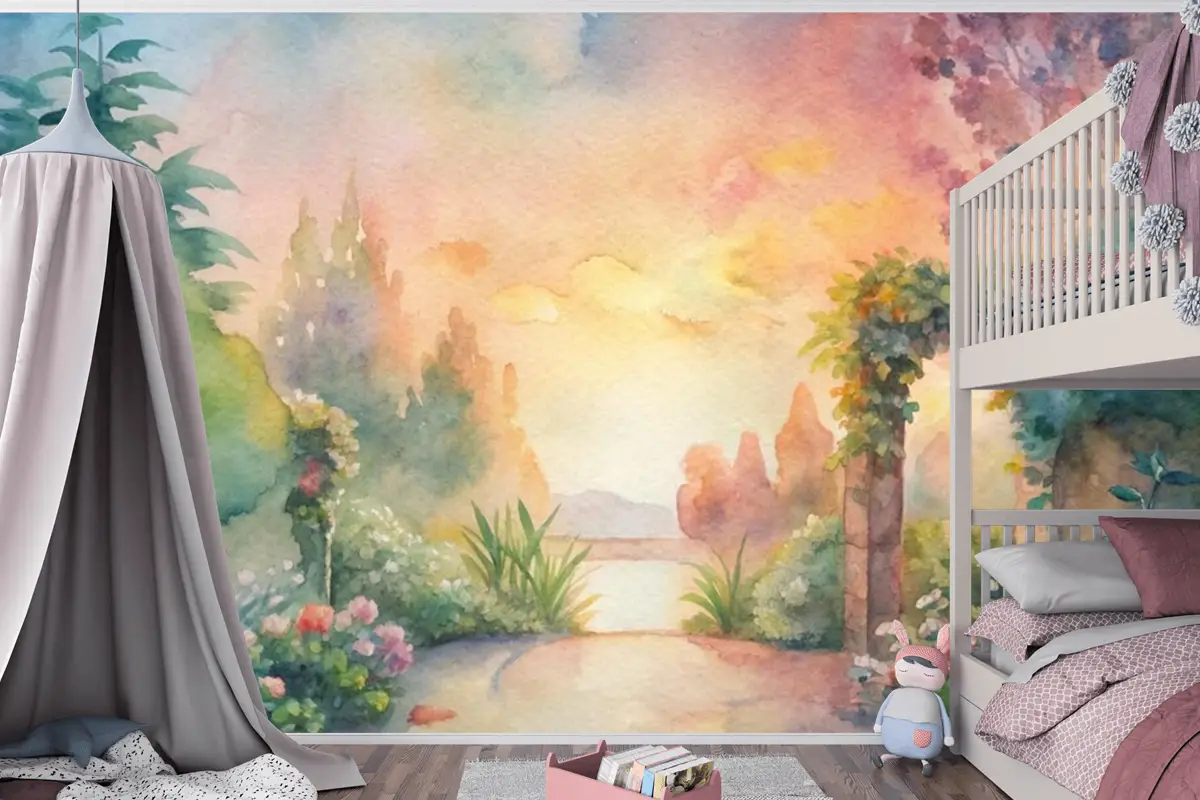 Çiçek Bahçesi Çocuk Odası Duvar Kağıdı  İçeren Suluboya Arka Plan