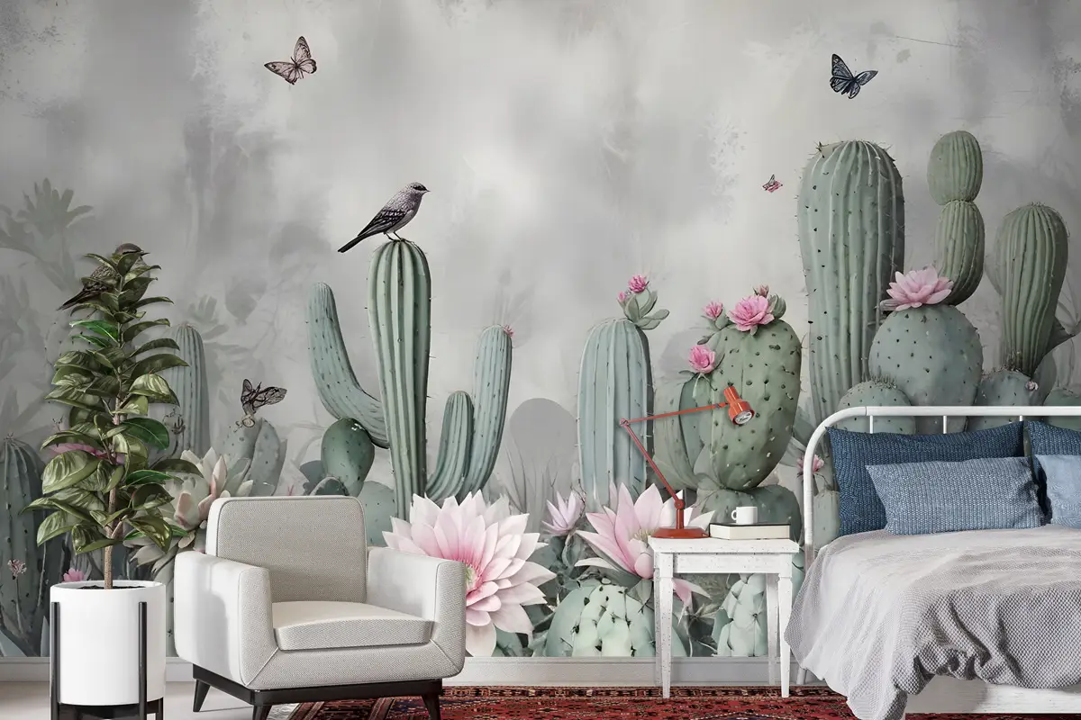 Çiçekli Suluboya Kaktüs Duvar Kağıdı