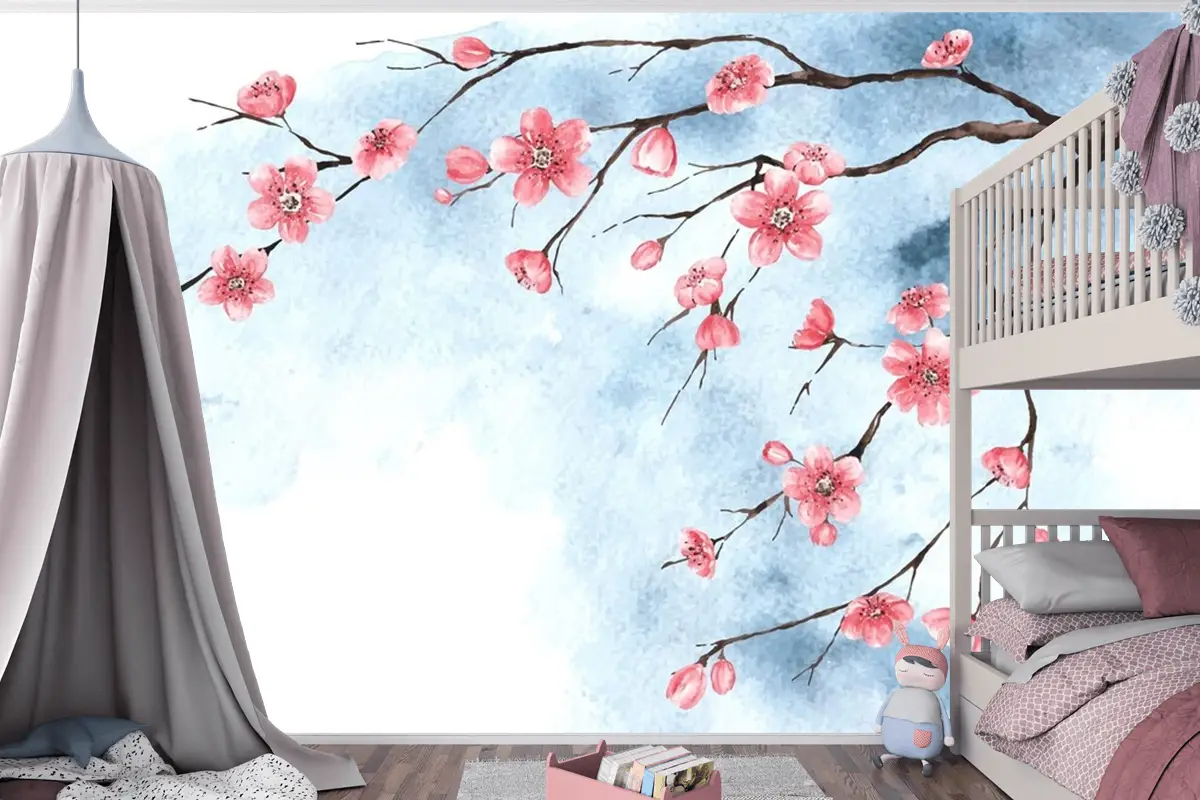 Suluboya Kiraz Çiçeği Çocuk Odası Duvar Kağıdı 