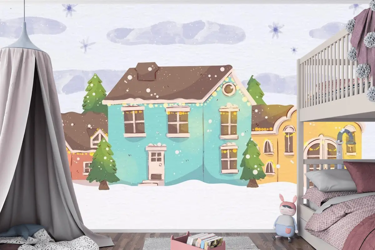Suluboya Noel Kasabası Çocuk Odası Duvar Kağıdı