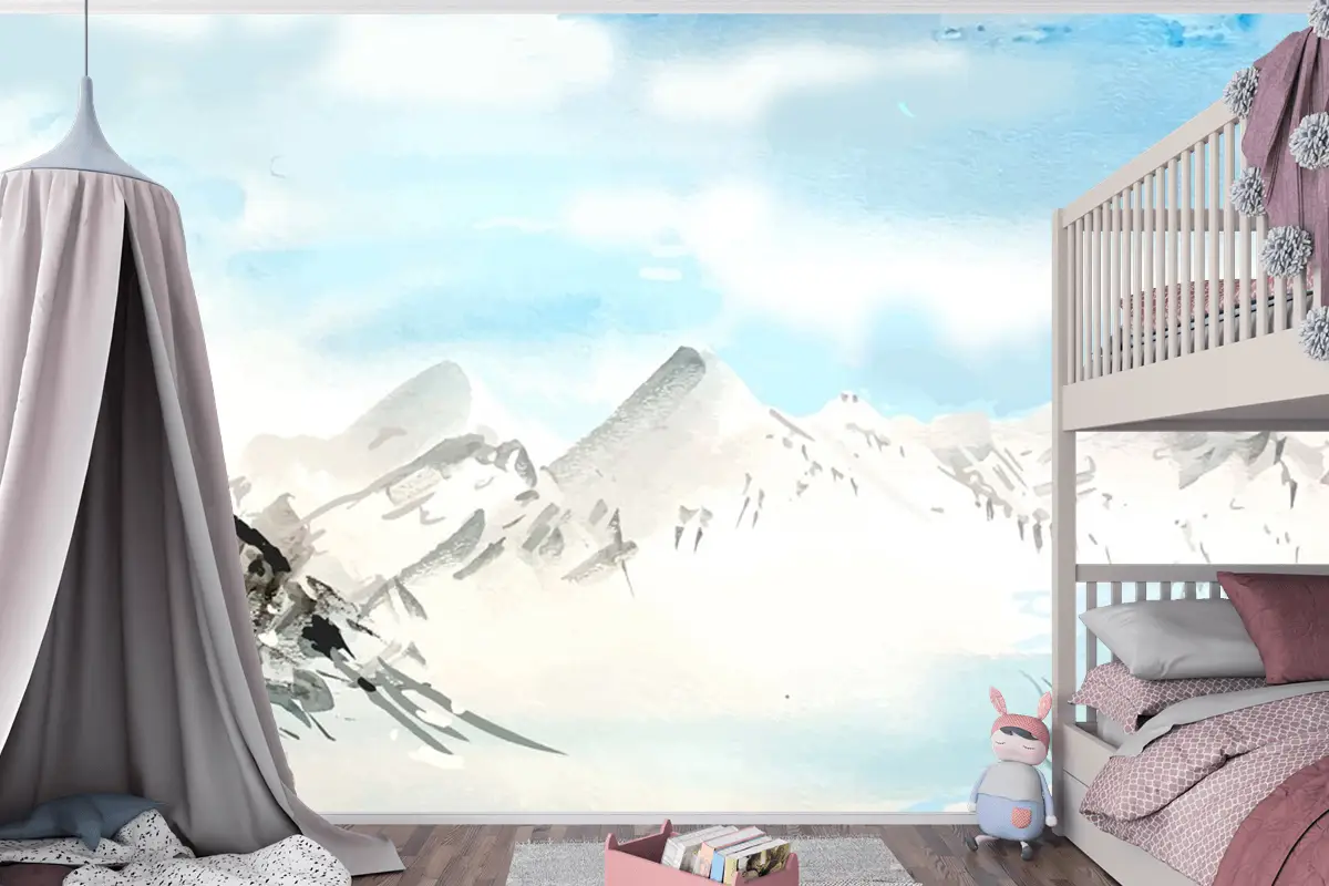 Suluboya Gündüz Dağları Arka Plan Çocuk Odası Duvar Kağıdı 