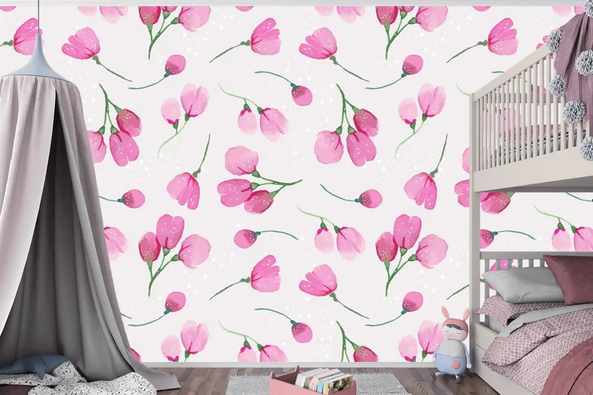 Suluboya Çiçek Desenli Tasarım Çocuk Odası Duvar Kağıdı 