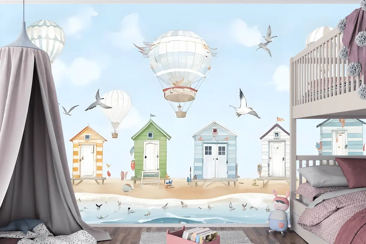 Sıcak Hava Balonlu Suluboya Çocuk Plaj Evi