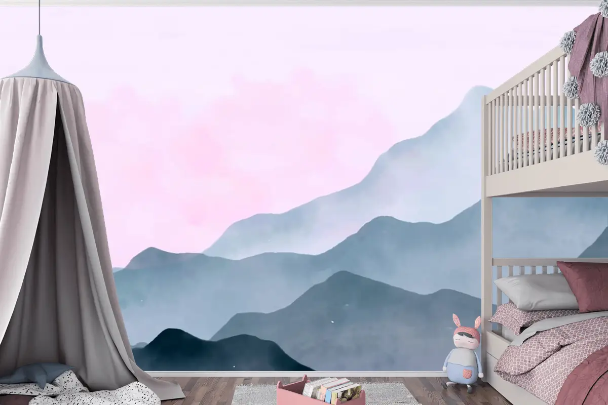 Pembe Gökyüzü Çocuk Odası Duvar Kağıdı  Ile Suluboya Dağlar Arka Plan