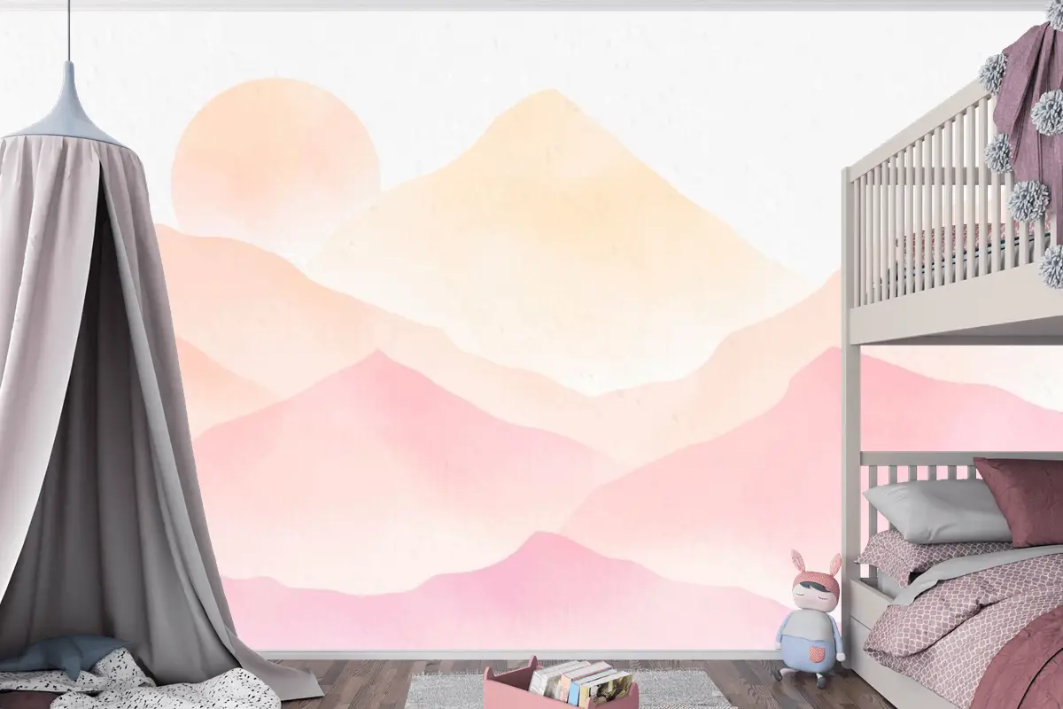 Suluboya Dağları Pembe Arka Plan Çocuk Odası Duvar Kağıdı 