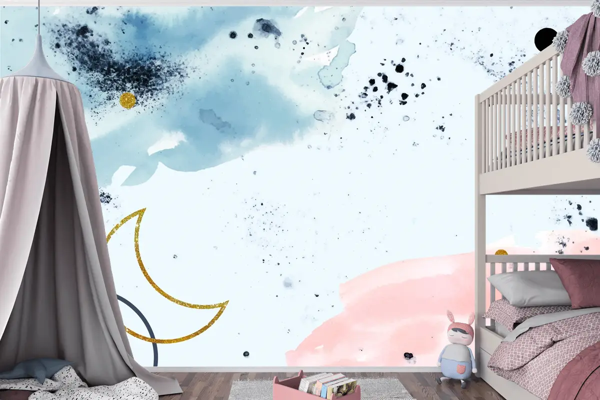 Altın Elementli Suluboya Boyalı Arka Plan Çocuk Odası Duvar Kağıdı