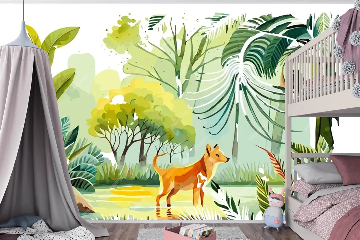 Ormanda Bir Köpek Ve Bir Kuşun Suluboya Resim Çocuk Odası Duvar Kağıdı