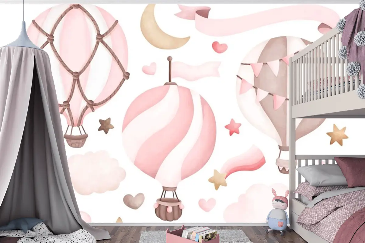 Suluboya Pembe Sıcak Hava Balonu Çocuk Odası Duvar Kağıdı 