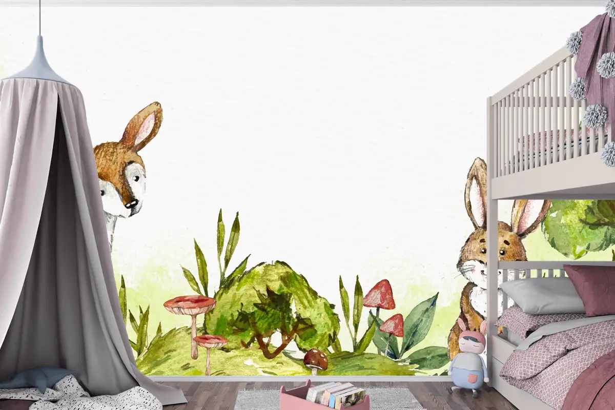 Suluboya Tavşan Ve Ormanda Geyik Çocuk Odası Duvar Kağıdı