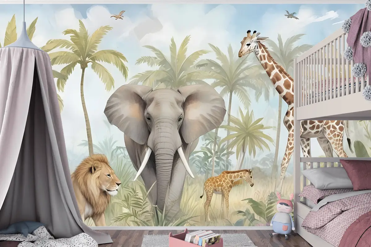 Ormandaki Suluboya Safari Hayvanları Çocuk Odası Duvar Kağıdı 