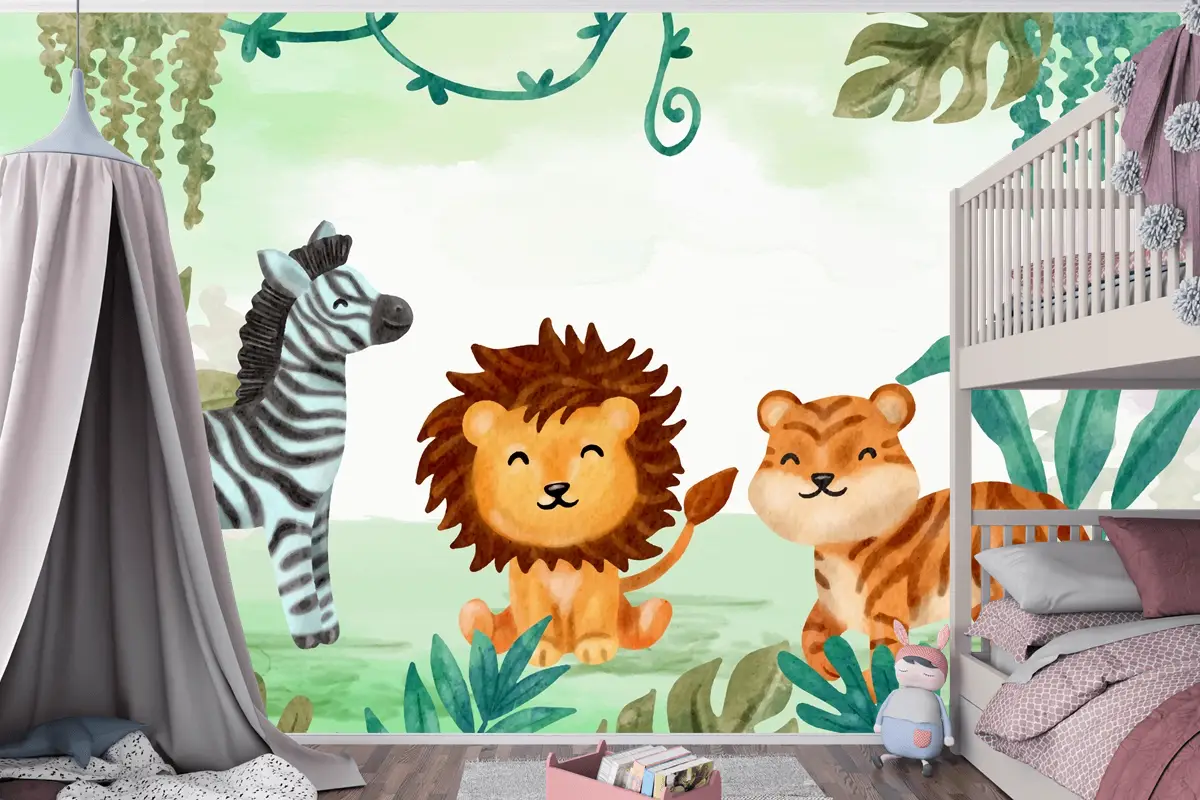Suluboya Safari Arka Plan Boys Çocuk Odası Duvar Kağıdı 