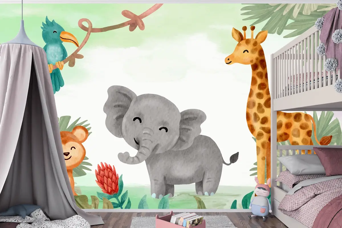 Suluboya Safari Arka Plan Çocuk Odası Duvar Kağıdı 
