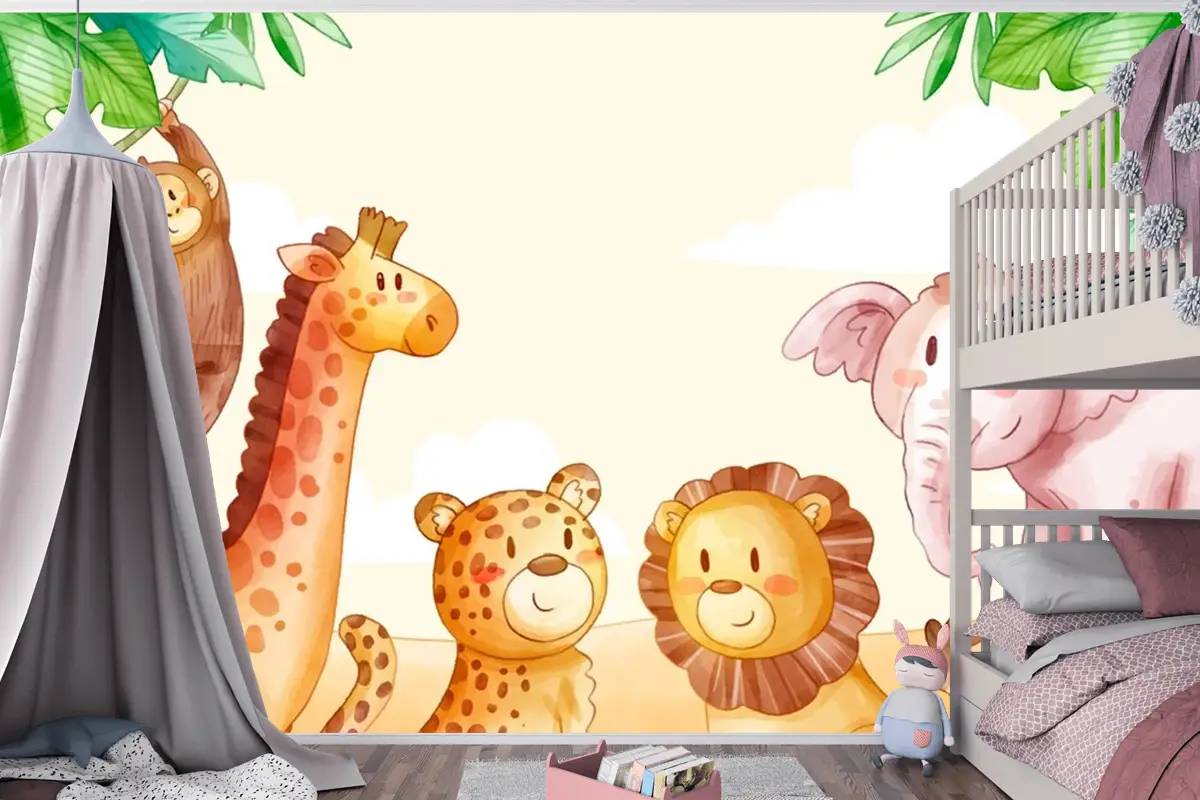 Suluboya Safari Arka Plan Çocuk Odası Duvar Kağıdı 