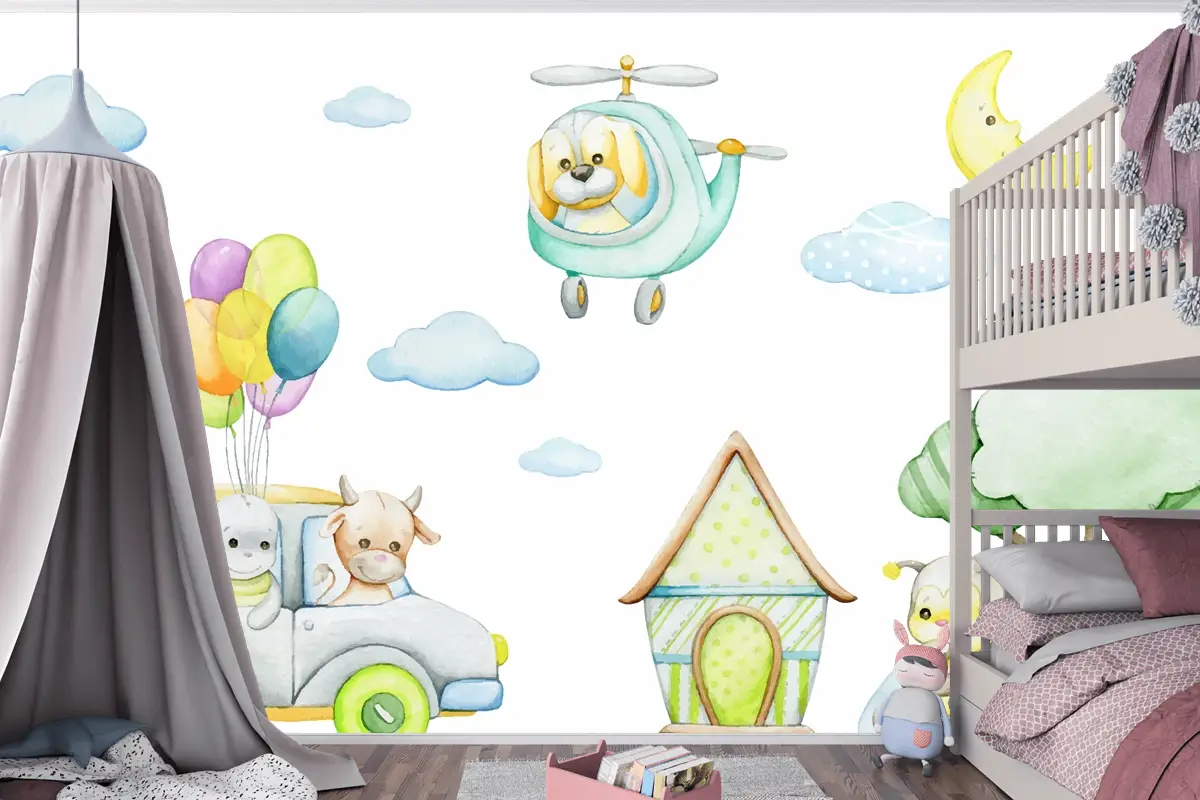 Karikatür Tarzı Tropikal Hayvanlar Araba Helikopter Ay Çocuk Odası Duvar Kağıdı Nde Suluboya Dikişsiz Desen