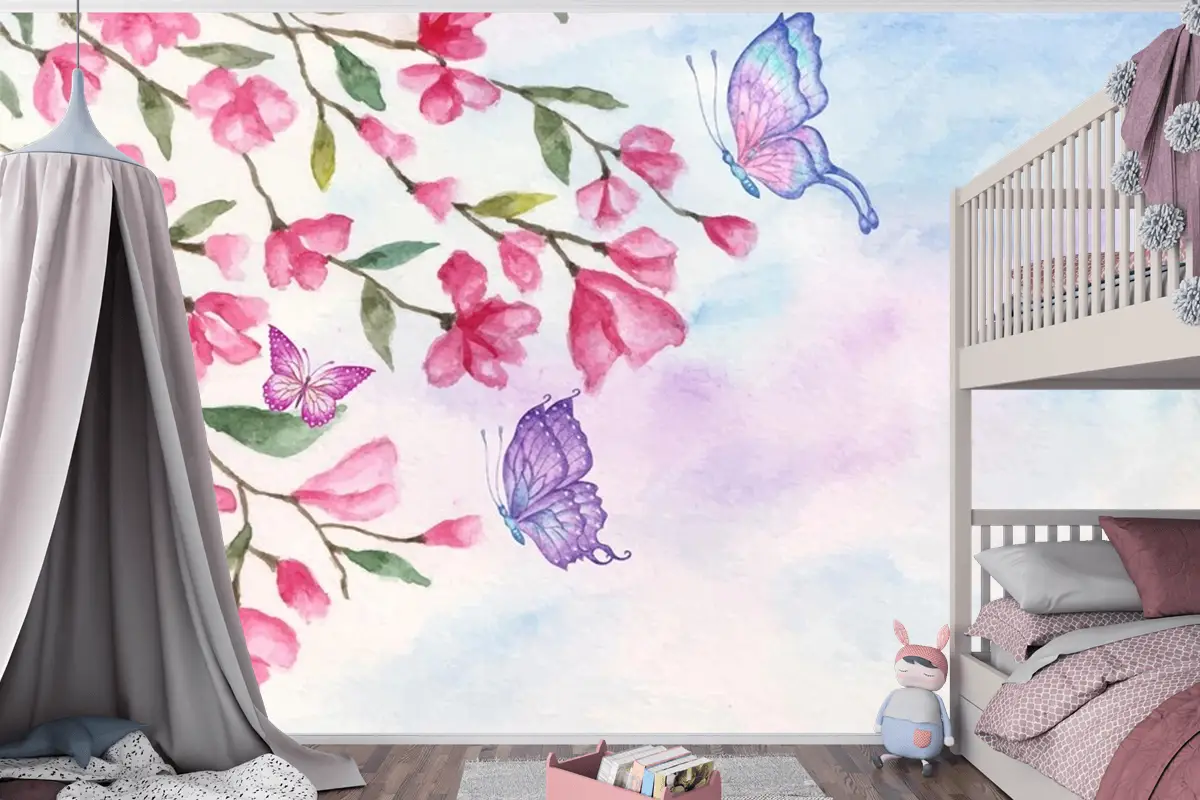 Güzel Kelebekler Çocuk Odası Duvar Kağıdı Ile Suluboya Bahar Manzara Arka Plan