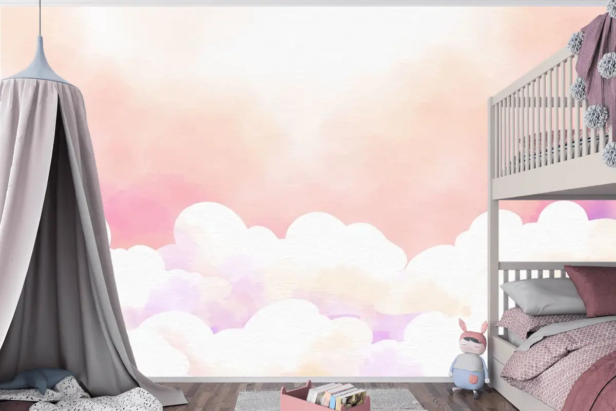 Suluboya Şeker Pamuk Bulutlar Arka Plan Çocuk Odası Duvar Kağıdı
