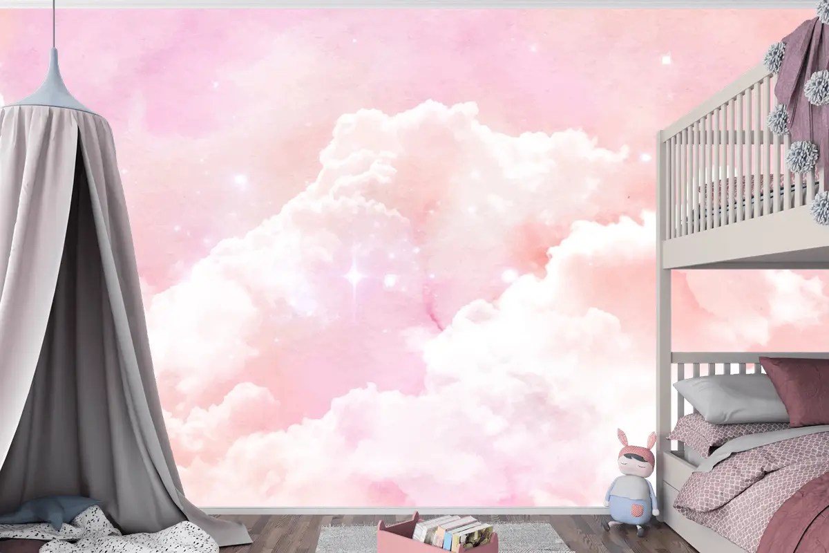 Suluboya Şeker Pamuk Bulutlar Arka Plan Çocuk Odası Duvar Kağıdı 
