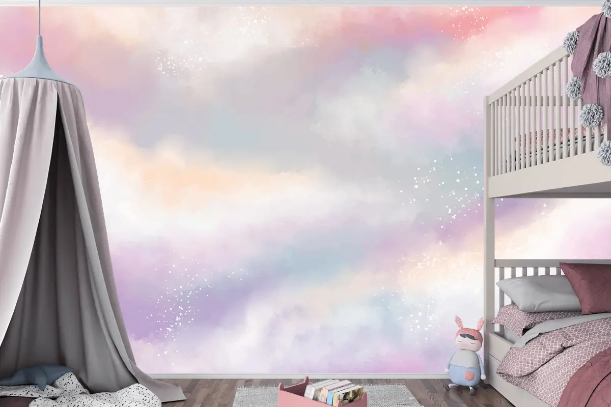 Suluboya Şeker Pamuk Bulutlar Çocuk Odası Duvar Kağıdı