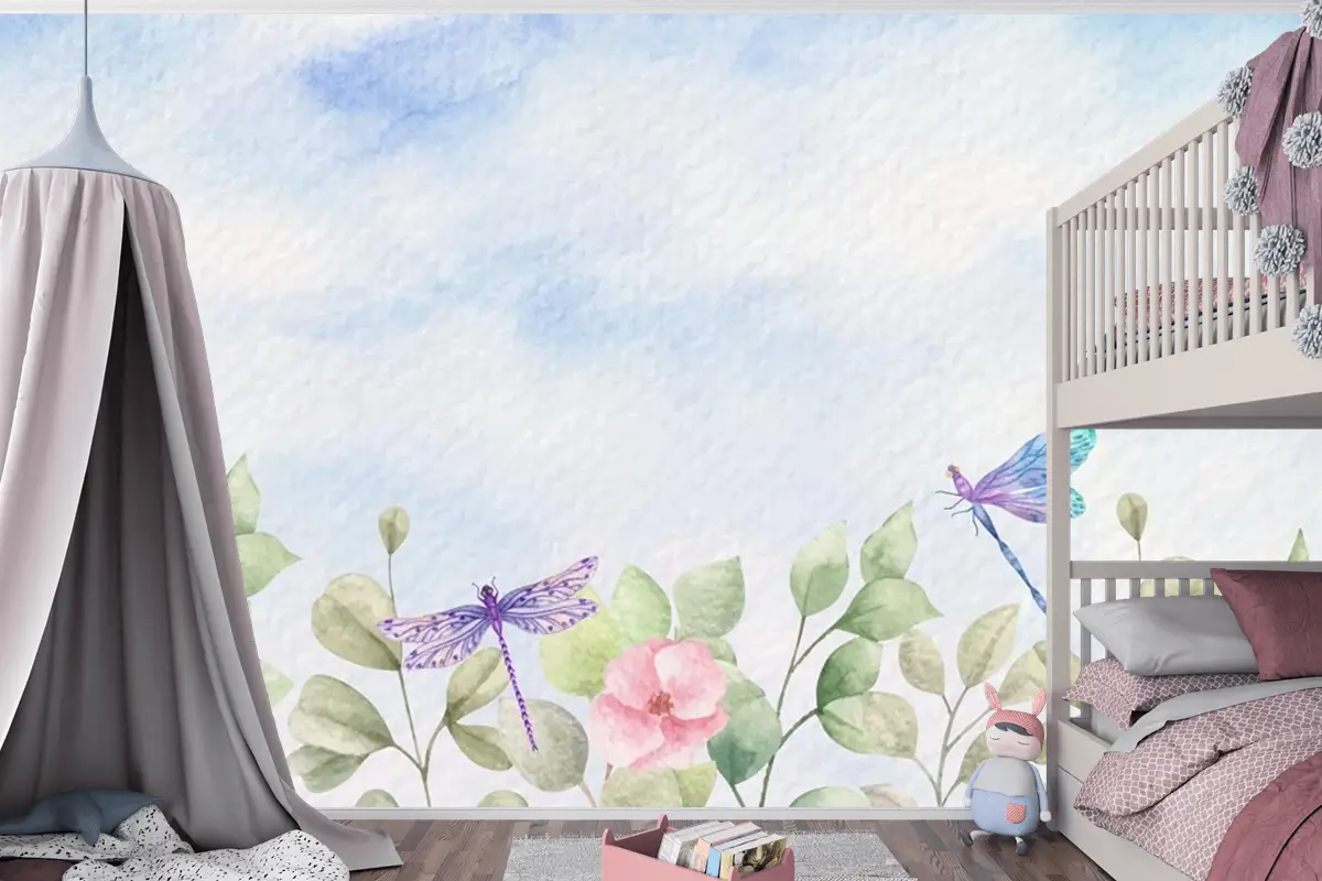 Suluboya Yabani Yapraklar Yusufçuk Çocuk Odası Duvar Kağıdı Ile Manzara Arka Plan