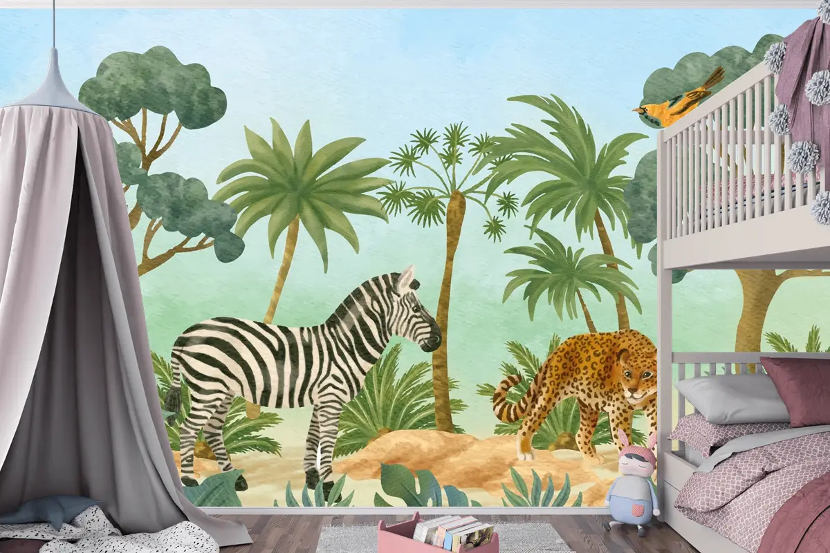 Suluboya Yaban Hayatı Arka Plan Çocuk Çocuk Odası Duvar Kağıdı 